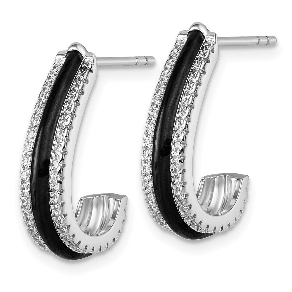 Sterling Silver Rhodium-plated CZ Black Enamel Post J-Hoop Earrings - Product Photo