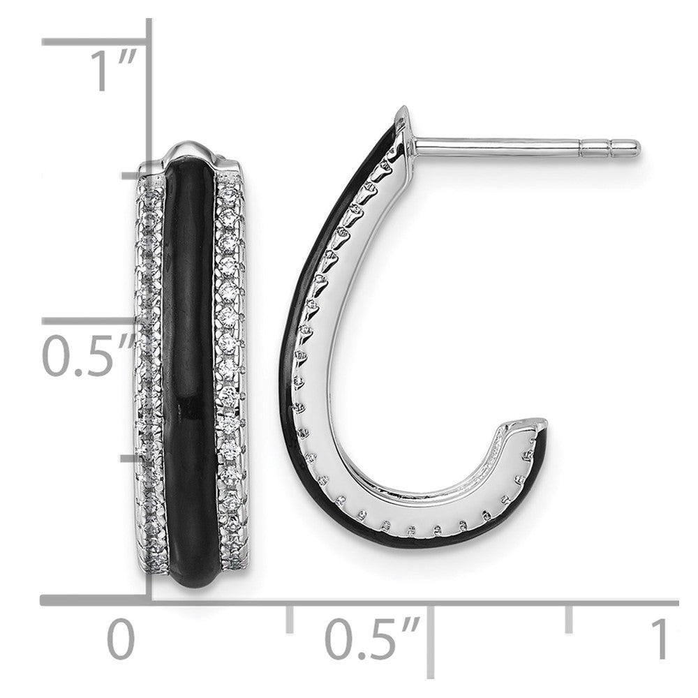 Sterling Silver Rhodium-plated CZ Black Enamel Post J-Hoop Earrings - Product Photo