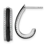 Sterling Silver Rhodium-plated CZ Black Enamel Post J-Hoop Earrings - Product Photo