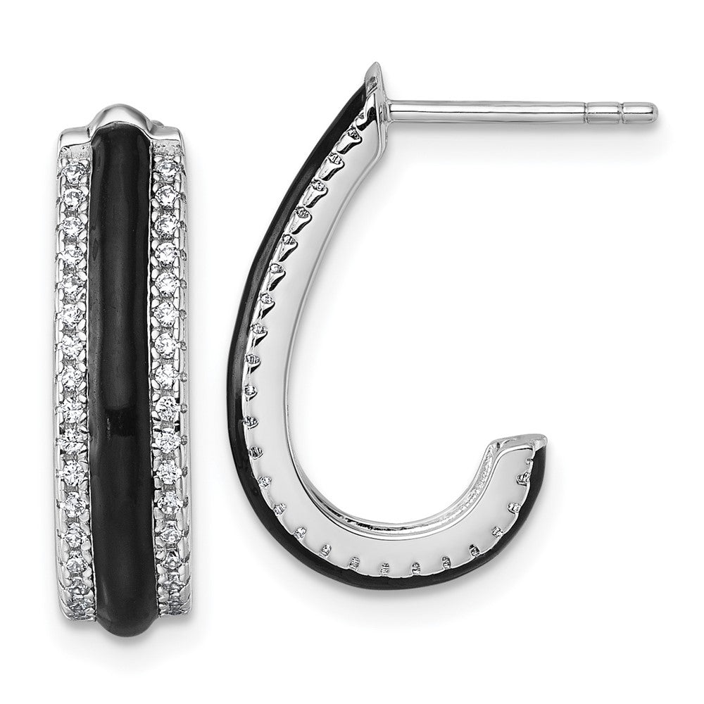 Sterling Silver Rhodium-plated CZ Black Enamel Post J-Hoop Earrings - Product Photo