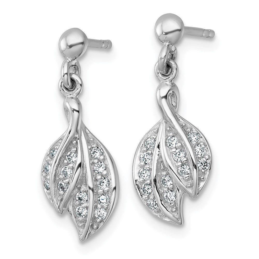 Sterling Silver Rhodium-plated Polished CZ Leaf Dangle Post Earrings - Product Photo