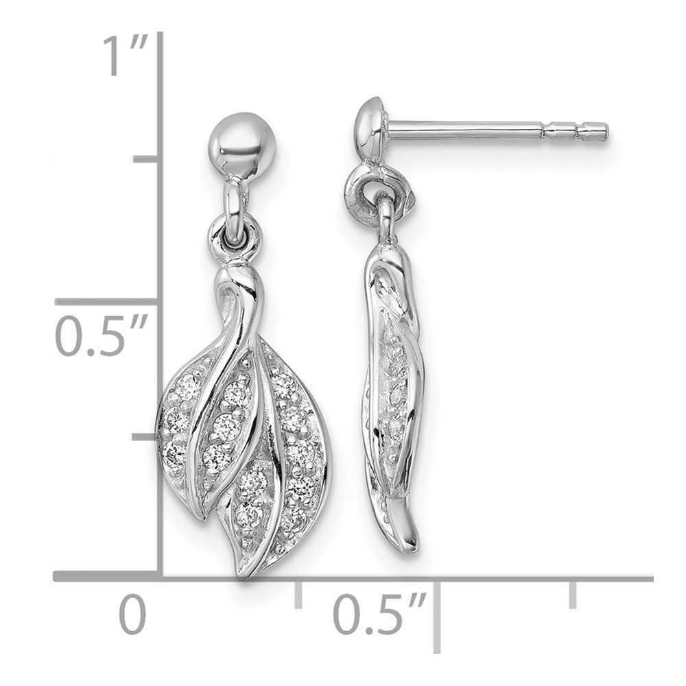 Sterling Silver Rhodium-plated Polished CZ Leaf Dangle Post Earrings - Product Photo