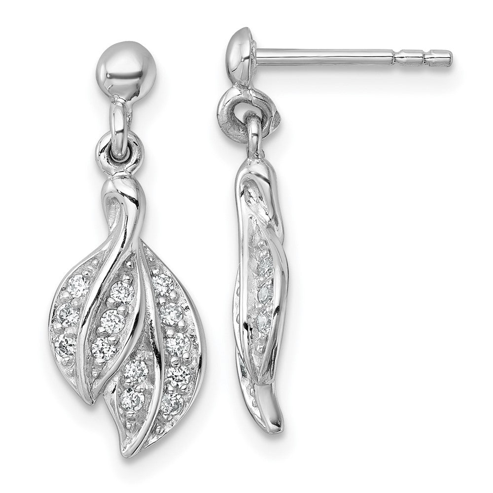 Sterling Silver Rhodium-plated Polished CZ Leaf Dangle Post Earrings - Product Photo