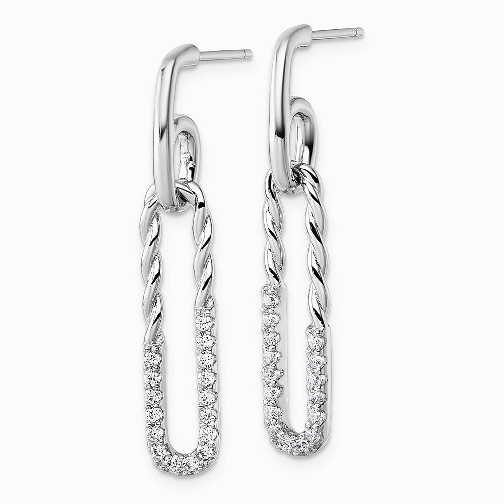 Sterling Silver Rhodium-plated CZ Twisted Paper Clip Dangle Post Earrings - Product Photo