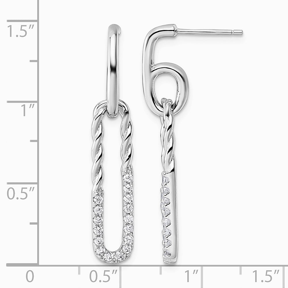 Sterling Silver Rhodium-plated CZ Twisted Paper Clip Dangle Post Earrings - Product Photo