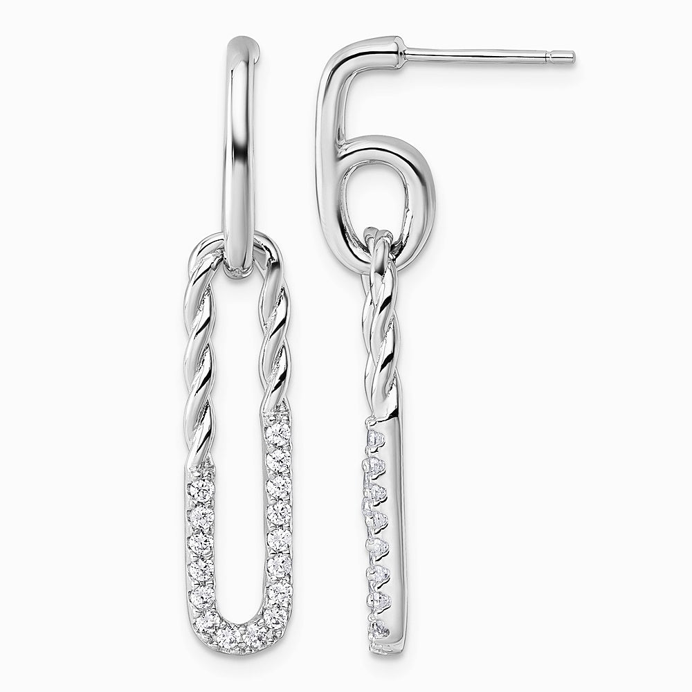 Sterling Silver Rhodium-plated CZ Twisted Paper Clip Dangle Post Earrings - Product Photo