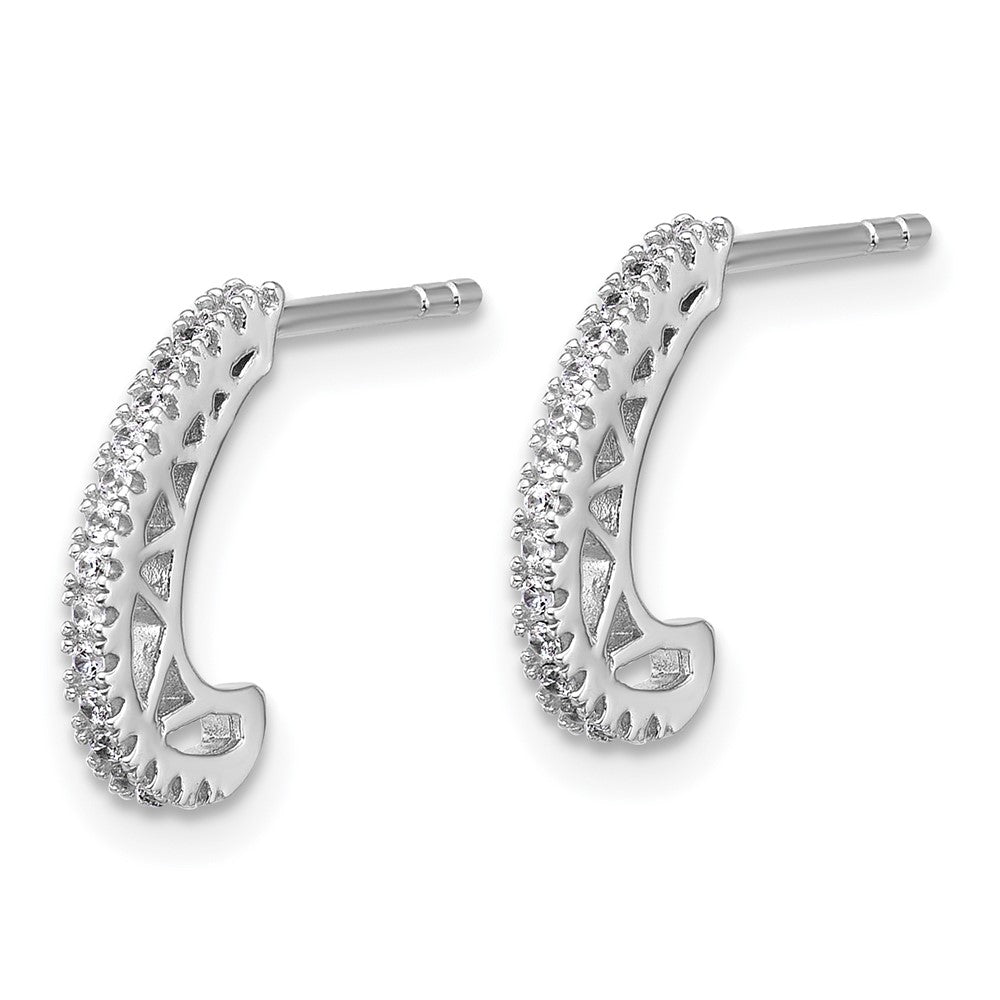 Sterling Silver Rhodium-plated CZ J-Hoop Post Earrings - Product Photo