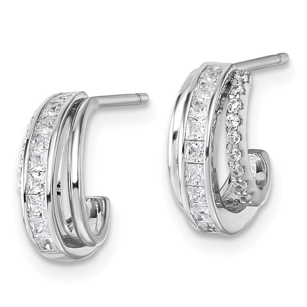 Sterling Silver Rhodium-plated Polished CZ Post J-Hoop Earrings - Product Photo