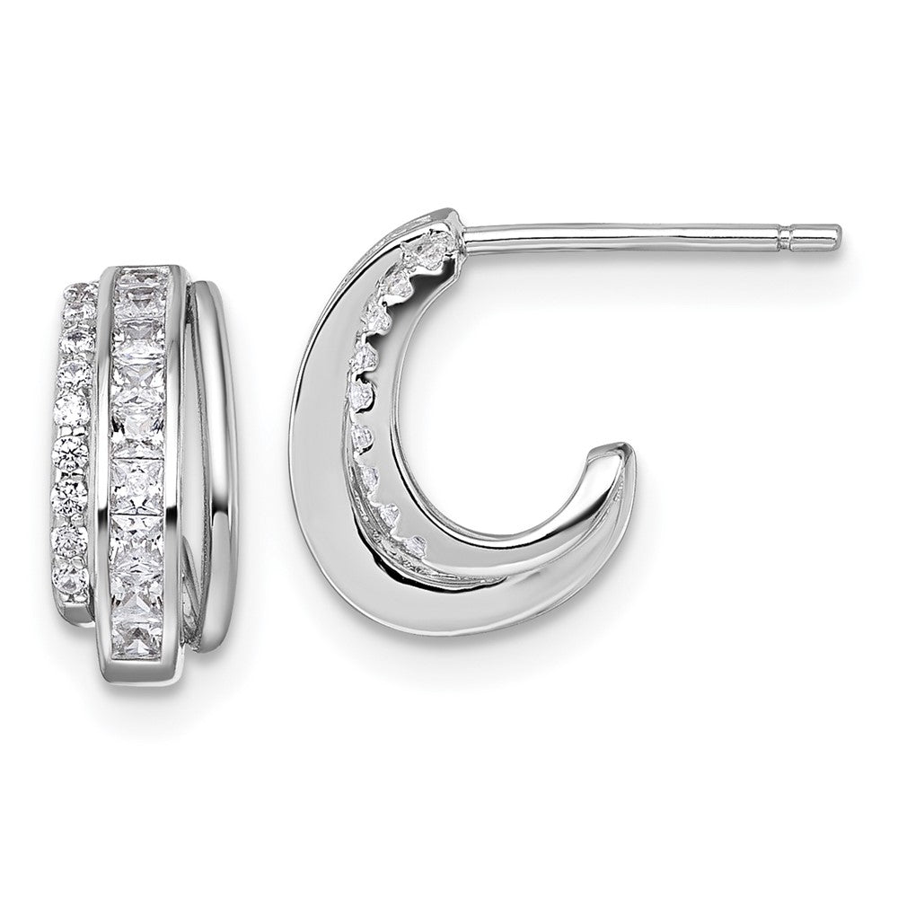 Sterling Silver Rhodium-plated Polished CZ Post J-Hoop Earrings - Product Photo