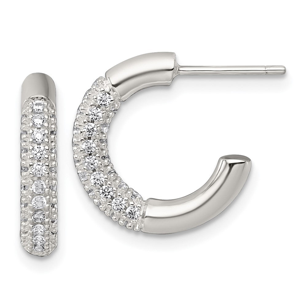 Sterling Silver Polished Pave CZ Post C-Hoop Earrings - Product Photo