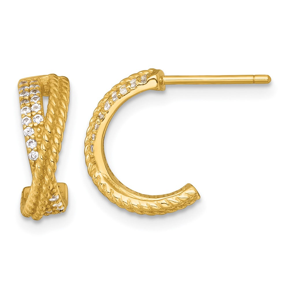 Sterling Silver Gold-Tone Polished and Twisted CZ Post C-Hoop Earrings