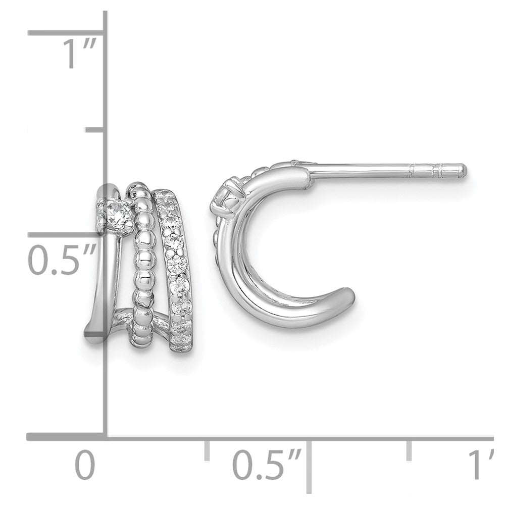 Sterling Silver RH-plated Polished Beaded CZ Post C-Hoop Earrings - Product Photo
