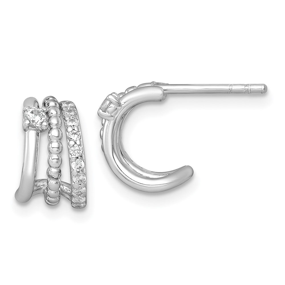 Sterling Silver RH-plated Polished Beaded CZ Post C-Hoop Earrings