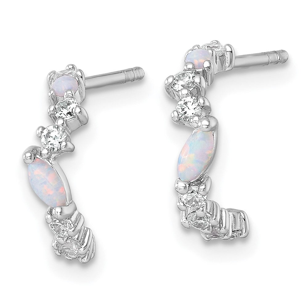SSilver RH-plated Polished CZ and Lab Created Opal Post C-Hoop Earrings - Product Photo