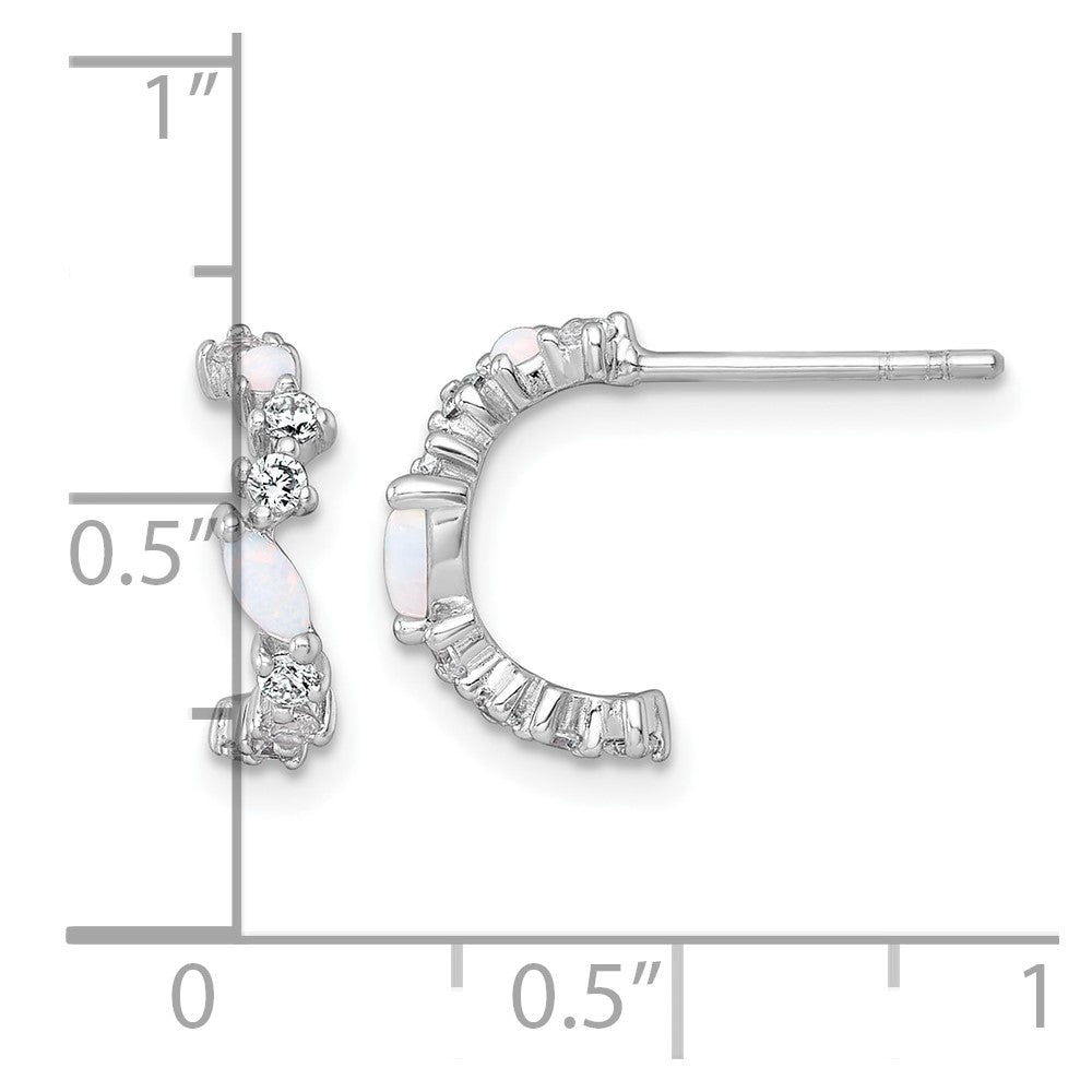 SSilver RH-plated Polished CZ and Lab Created Opal Post C-Hoop Earrings - Product Photo