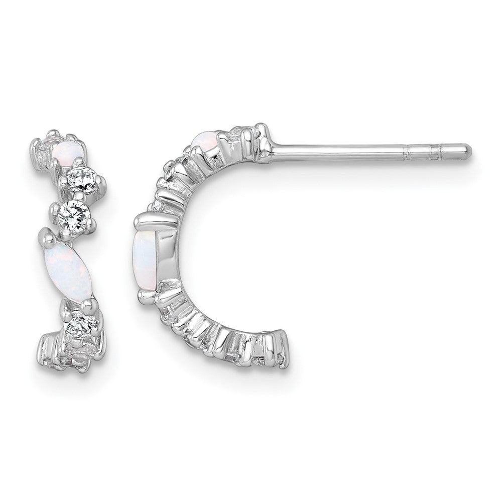Sterling Silver SSilver RH-plated Polished CZ and Lab Cr. Opal Post C-Hoop Earrings