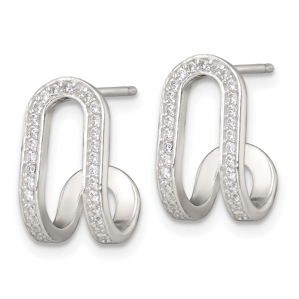 Sterling Silver Polished CZ Curved Post J-Hoop Earrings - Product Photo