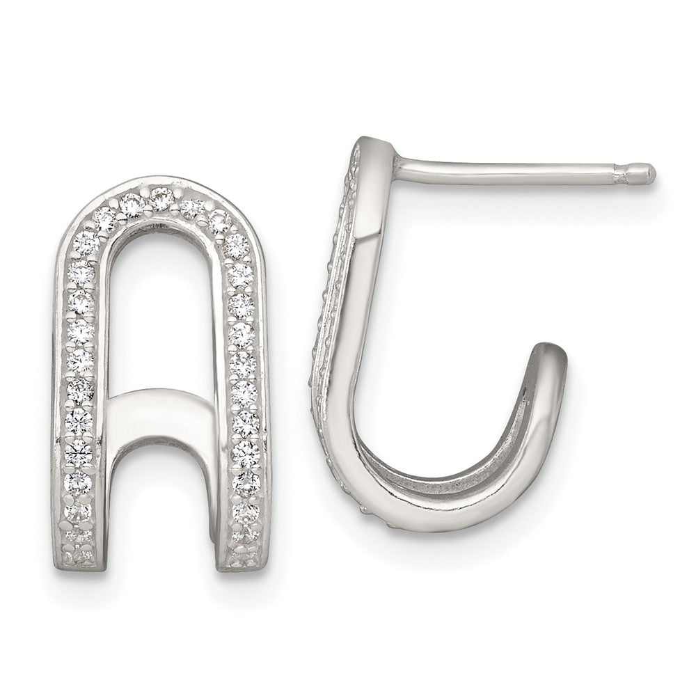 Sterling Silver Polished CZ Curved Post J-Hoop Earrings - Product Photo