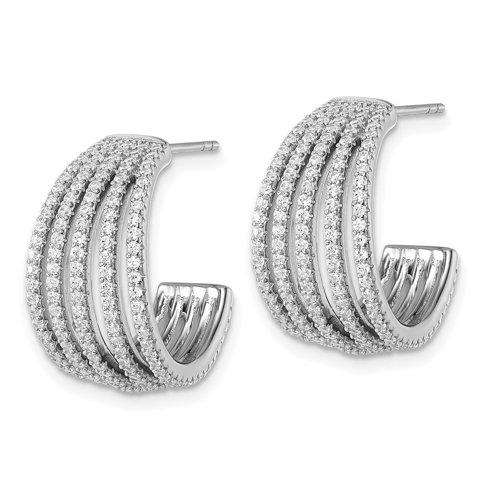 Sterling Silver Rhodium-plated CZ Multi Row Post J-Hoop Earrings - Product Photo