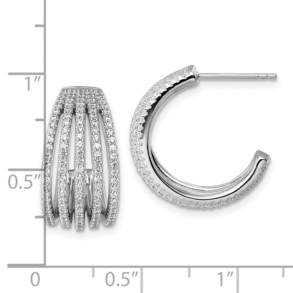 Sterling Silver Rhodium-plated CZ Multi Row Post J-Hoop Earrings - Product Photo