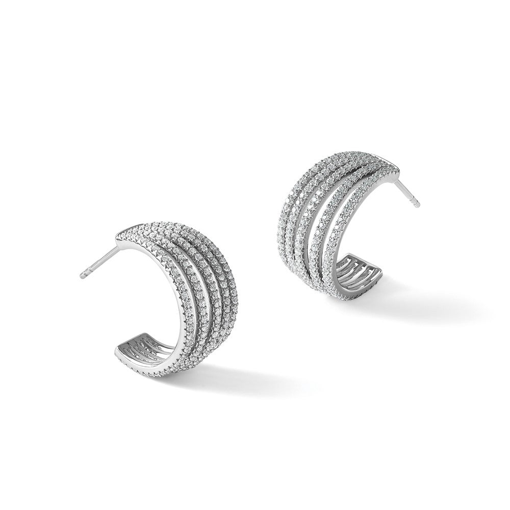 Sterling Silver Rhodium-plated CZ Multi Row Post J-Hoop Earrings - Product Photo