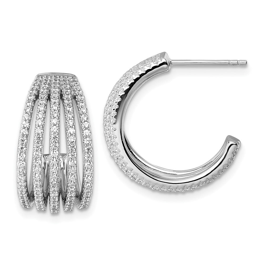 Sterling Silver Rhodium-plated CZ Multi Row Post J-Hoop Earrings - Product Photo