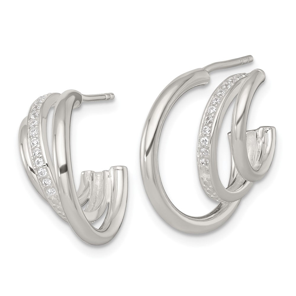 Sterling Silver Polished CZ 3-Row Post C-Hoop Earrings - Product Photo