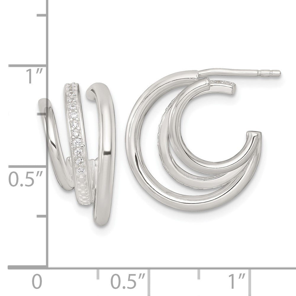 Sterling Silver Polished CZ 3-Row Post C-Hoop Earrings - Product Photo