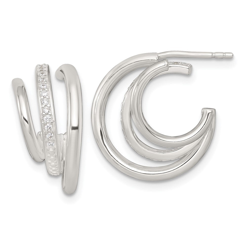 Sterling Silver Polished CZ 3-Row Post C-Hoop Earrings - Product Photo