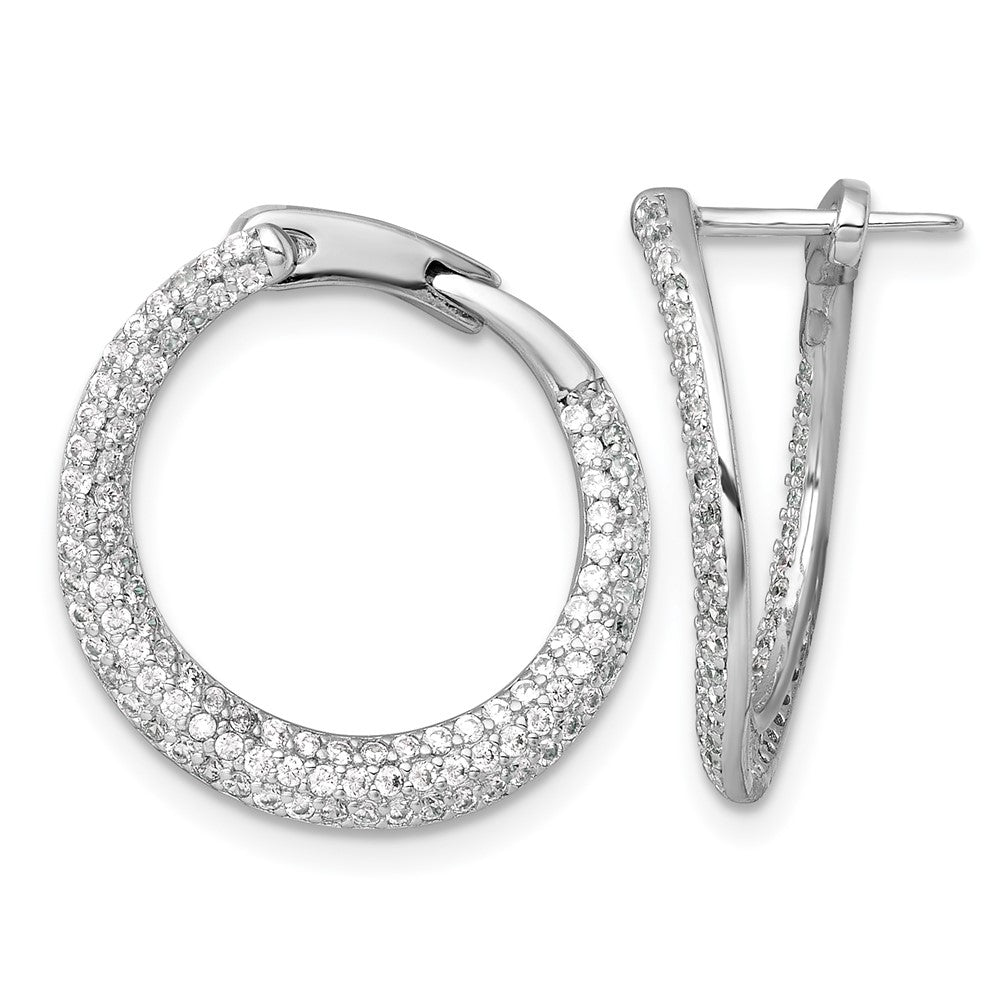 Sterling Silver RH-plated Pave CZ Hinged Round Hoop Earrings