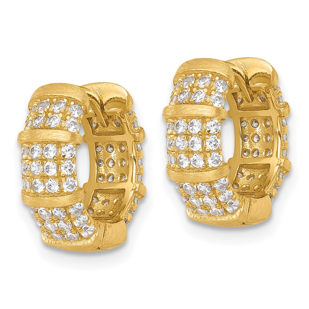 Sterling Silver Gold-Tone Polished/Textured CZ Hinged Round Hoop Earrings - Product Photo