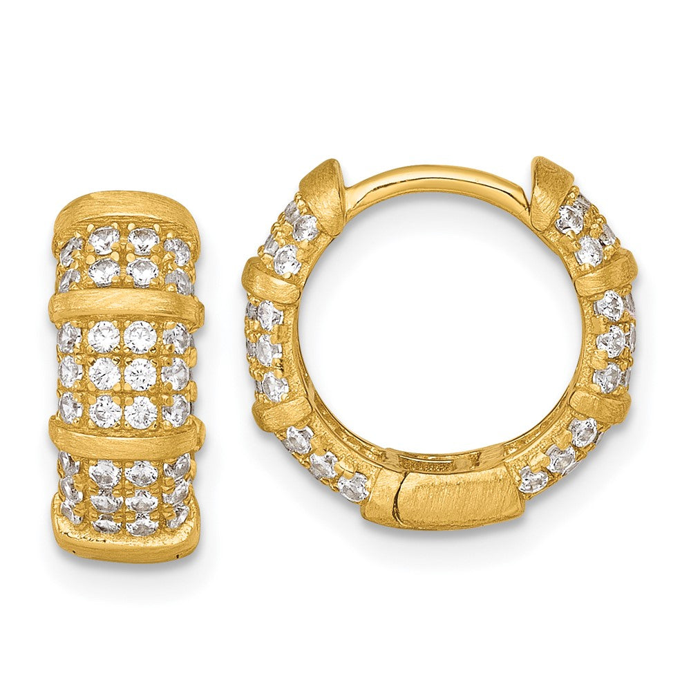 Sterling Silver Gold-Tone Polished/Textured CZ Hinged Round Hoop Earrings - Product Photo
