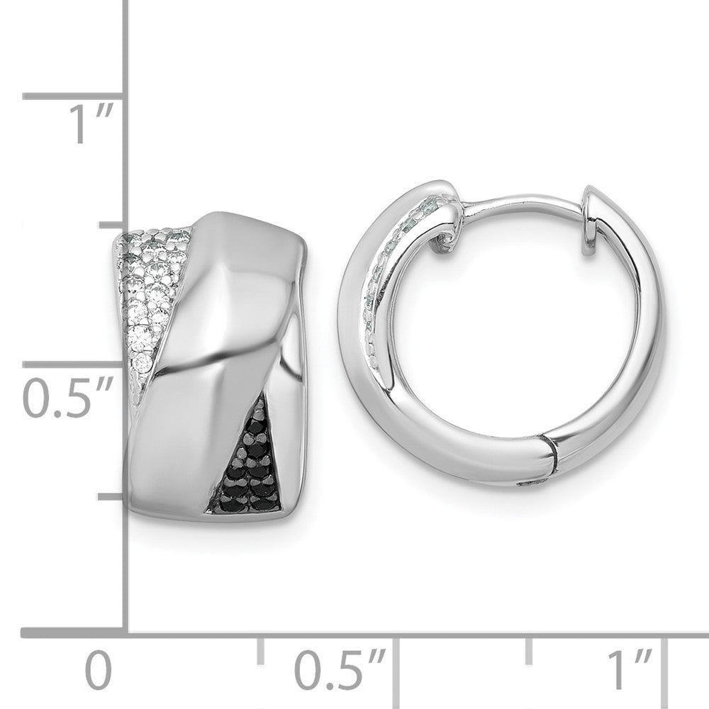 Sterling Silver RH-pltd Polished Black/White CZ Round Hinged Hoop Earrings - Product Photo