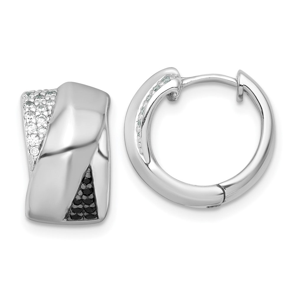 Sterling Silver RH-pltd Polished Black/White CZ Round Hinged Hoop Earrings - Product Photo