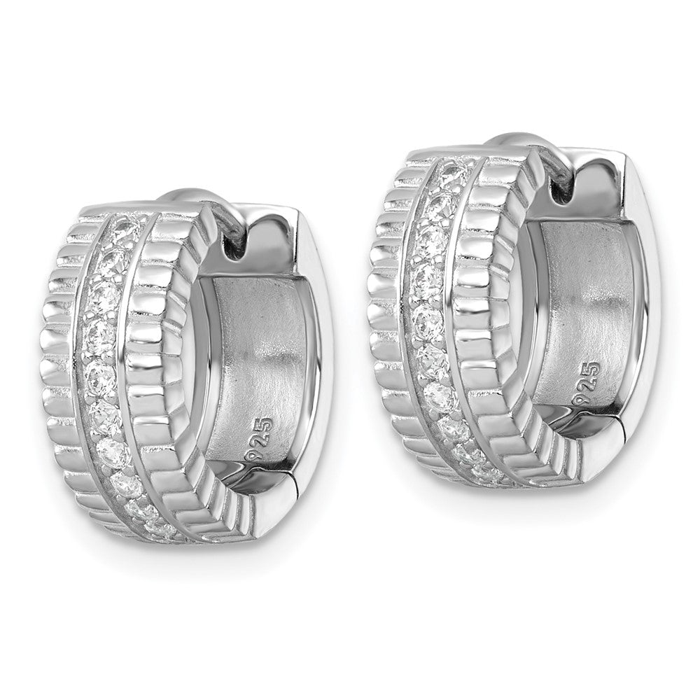 Sterling Silver RH-pltd Polished and Grooved 6.2mm CZ Hoop Earrings - Product Photo