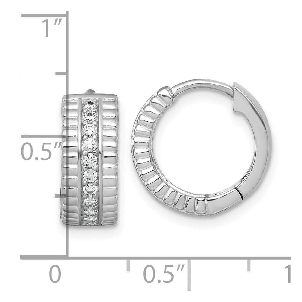 Sterling Silver RH-pltd Polished and Grooved 6.2mm CZ Hoop Earrings - Product Photo