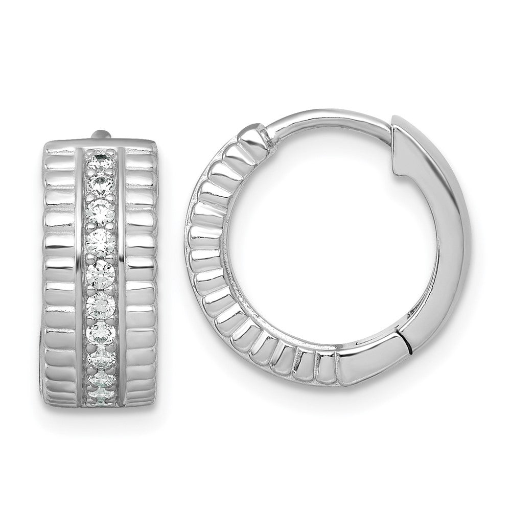 Sterling Silver RH-pltd Polished and Grooved 6.2mm CZ Hoop Earrings - Product Photo