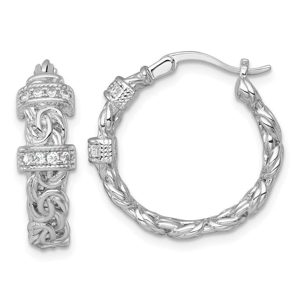 Sterling Silver RH-plated Polished CZ Byzantine Link Round Hoop Earrings