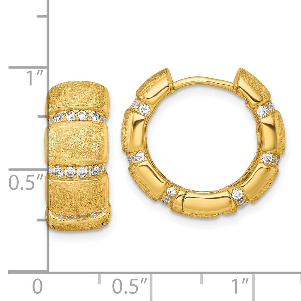 Sterling Silver Gold-Tone Polish/Textured CZ 8mm Hinged Hoop Earrings - Product Photo