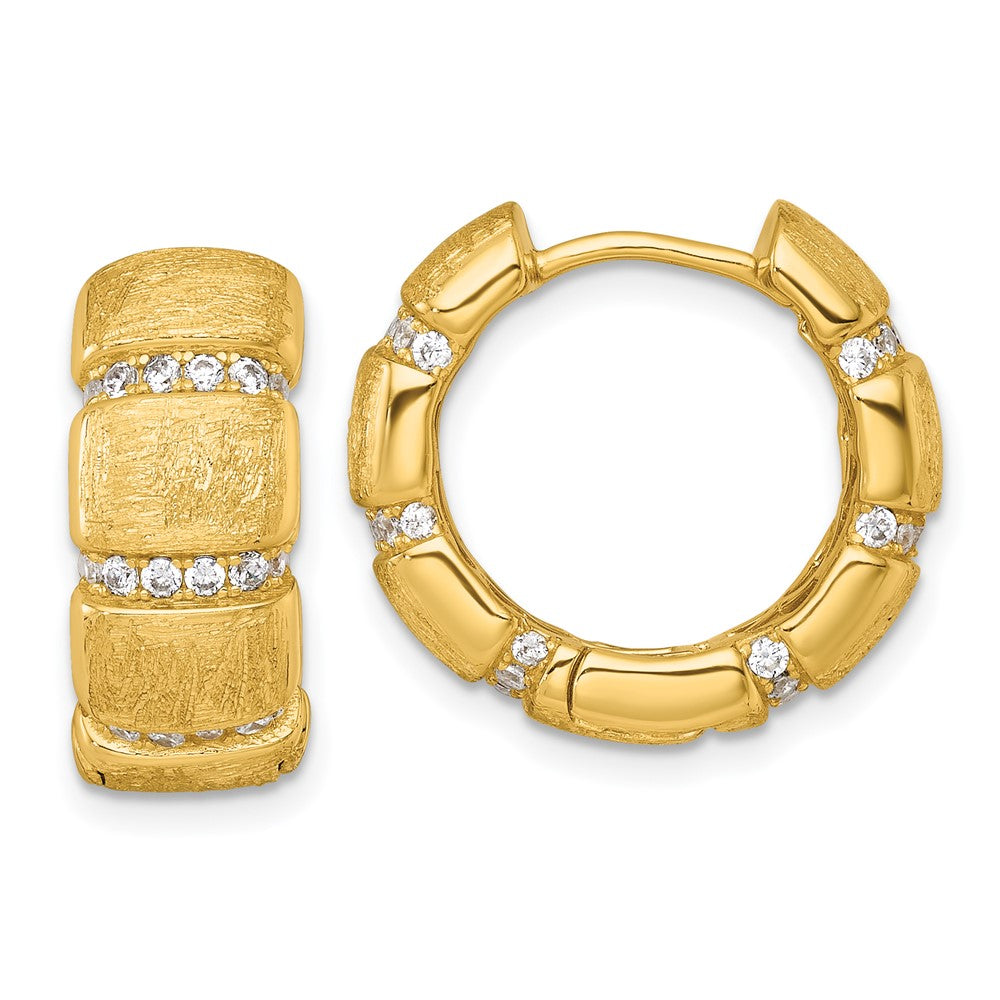 Sterling Silver Gold-Tone Polish/Textured CZ 8mm Hinged Hoop Earrings - Product Photo