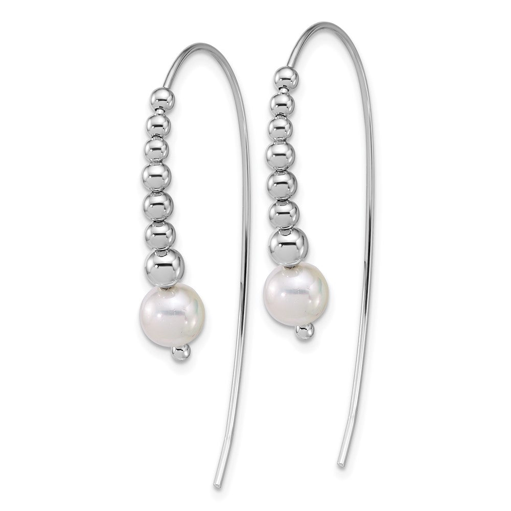 Sterling Silver RH-plated Polished and Beaded Shell Pearl Threader Earrings - Product Photo