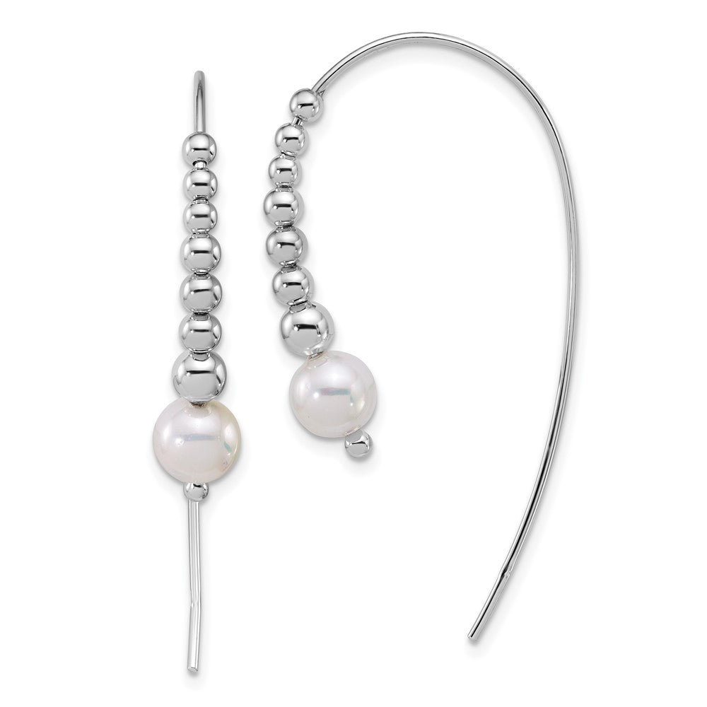 Sterling Silver RH-plated Polished and Beaded Shell Pearl Threader Earrings