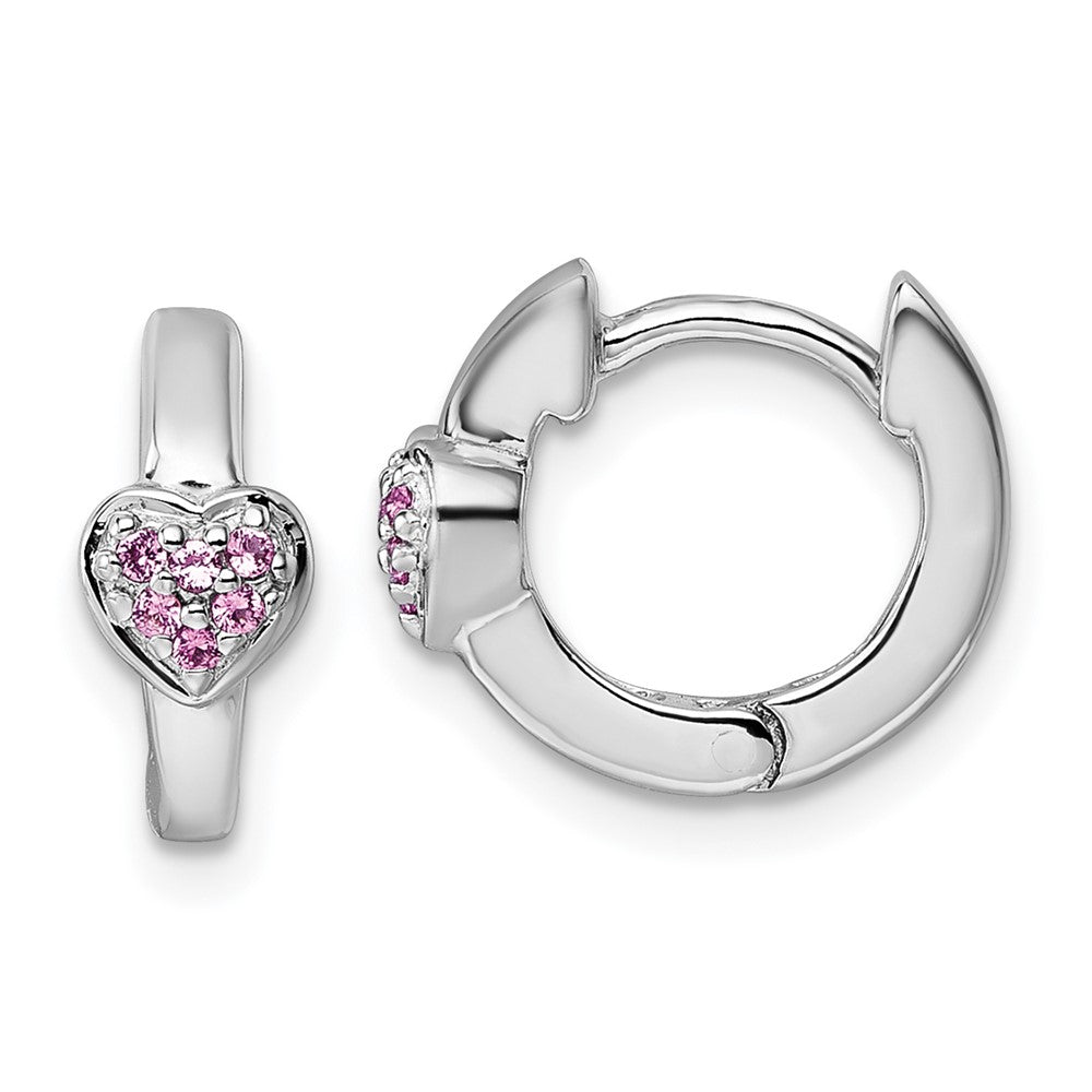 Sterling Silver Rh-plated Children's Pink CZ Heart Hoop Earrings