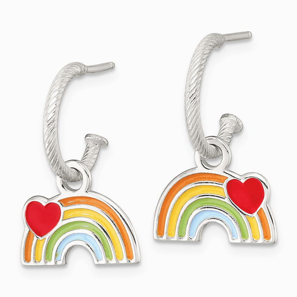 Sterling Silver Grooved Enamel Rainbow Children's Post Dangle Hoop Earrings - Product Photo