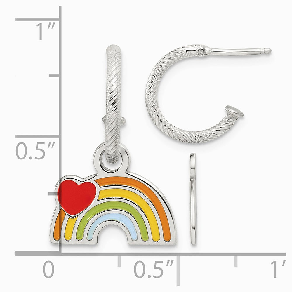 Sterling Silver Grooved Enamel Rainbow Children's Post Dangle Hoop Earrings - Product Photo