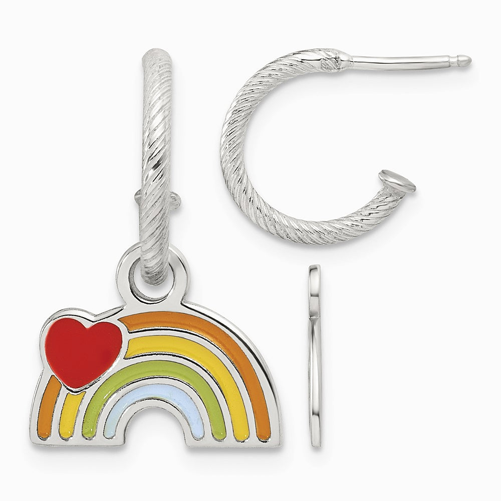Sterling Silver Grooved Enamel Rainbow Children's Post Dangle Hoop Earrings