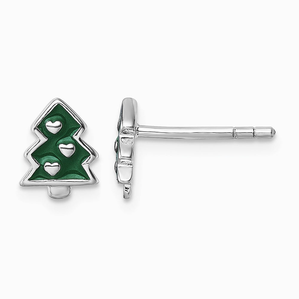 Sterling Silver Rh-plated Green Enamel Christmas Tree Post Earrings