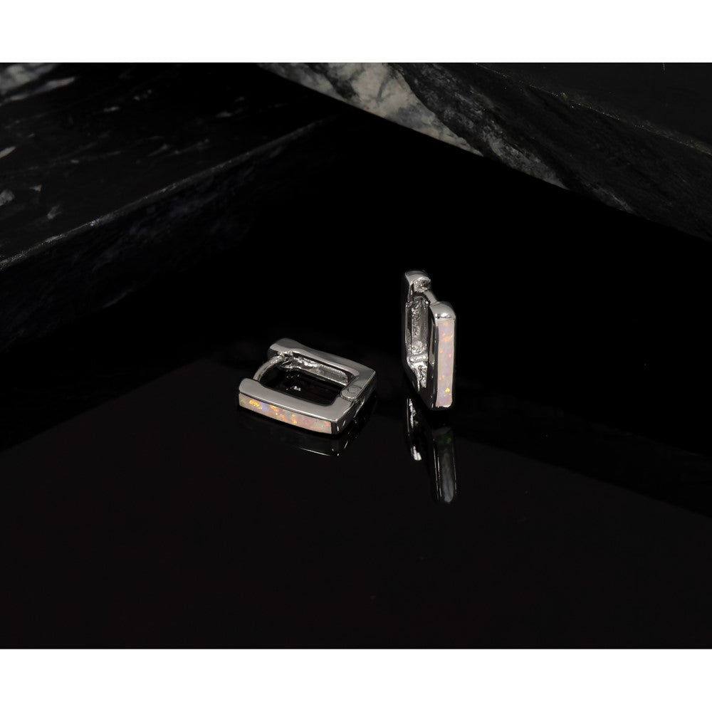 Sterling Silver Rhodium-plated Created Opal Square Hoop Earrings - Product Photo