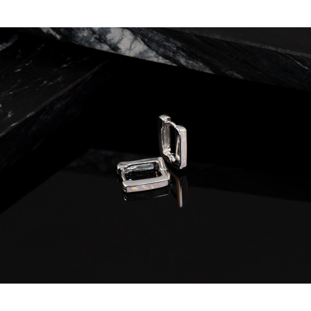 Sterling Silver Rhodium-plated Created Opal Square Hoop Earrings - Product Photo