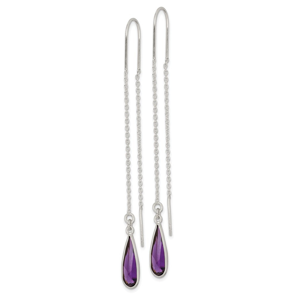 Sterling Silver Polished Purple CZ Teardrop Threader Earrings - Product Photo